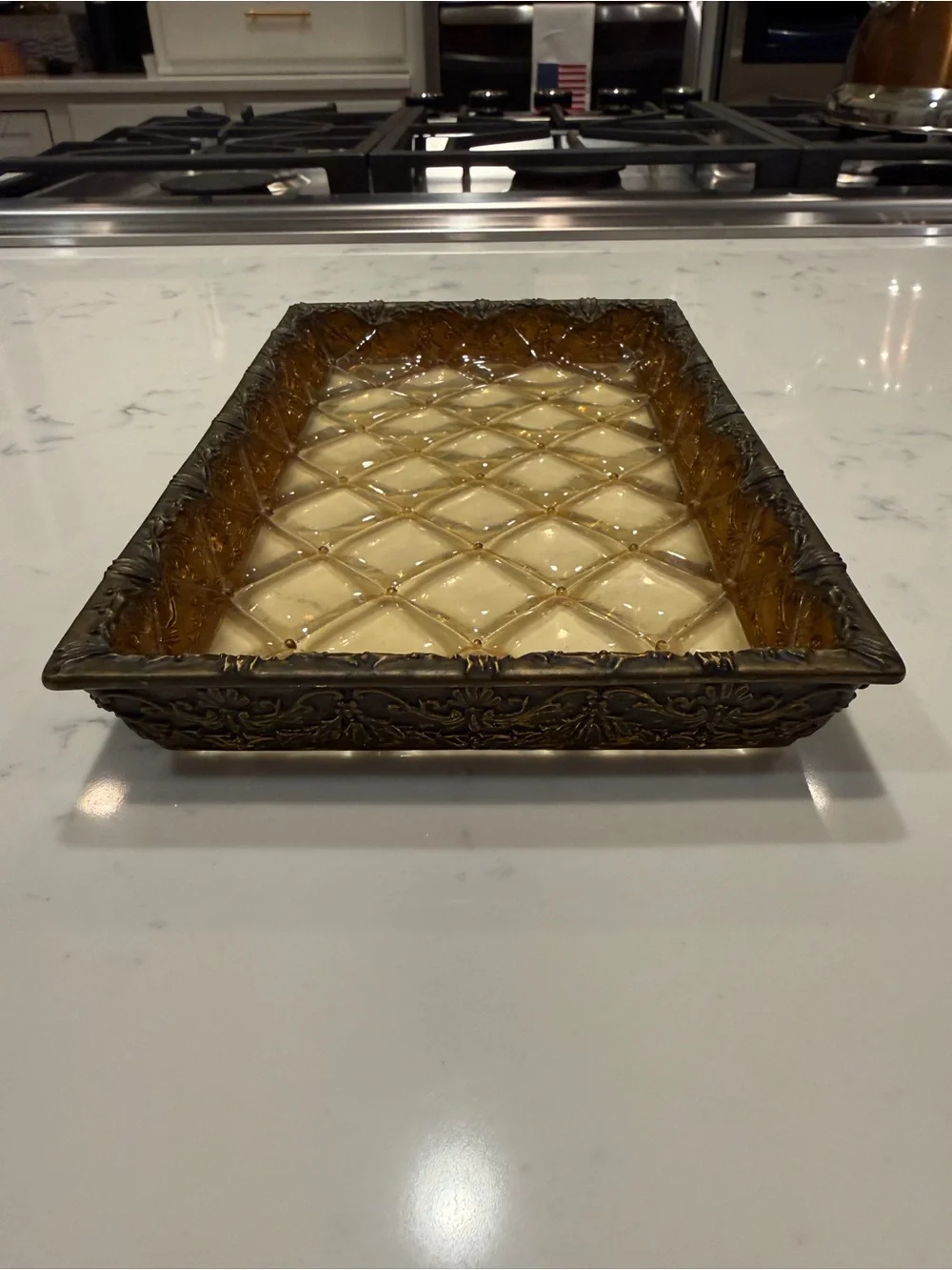 Vintage Amber Faux Glass Decorative Vanity Tray Brass Tone Filigree Catchall